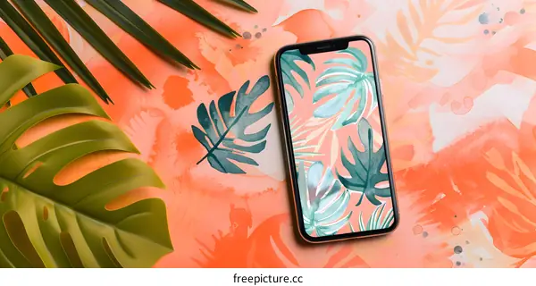 Tropical Phone Wallpaper Design With Green Leaves On Pink Background