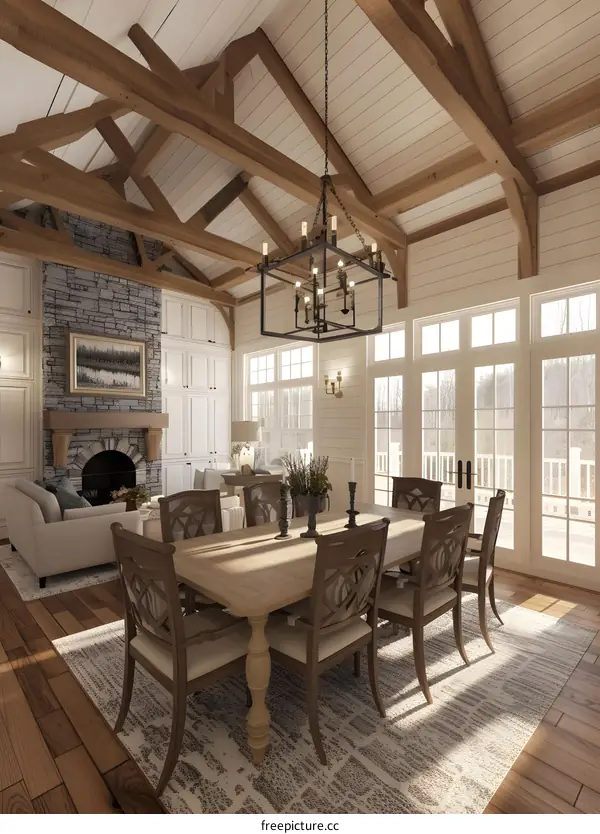 Modern Farmhouse Dining Room Interior Design with Wooden Beams