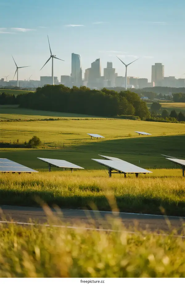 Solar panels and wind turbines with city skyline in background