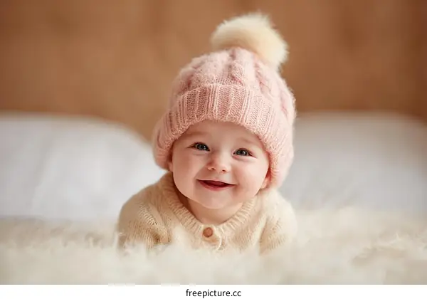 Adorable Baby Girl Wearing a Pink Knitted Hat