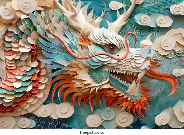 A paper-cut illustration of a Chinese dragon head