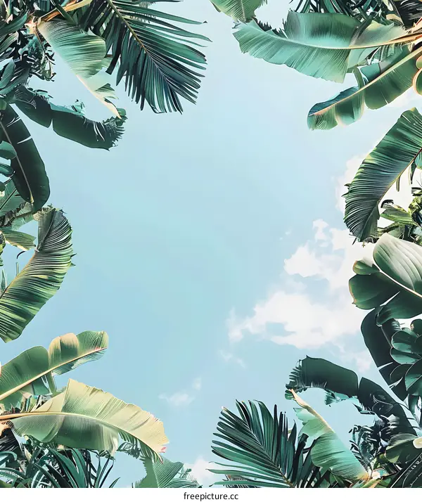 Green Tropical Palm Leaves Against Blue Sky