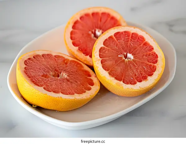 Three Grapefruit Halves on a White Plate