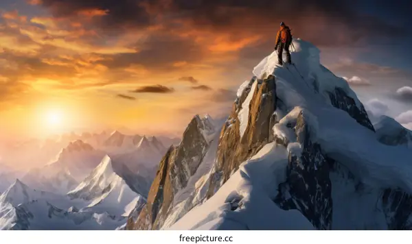 Mountaineer on the summit of a mountain at sunset