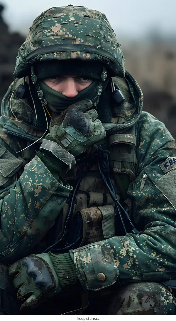 A soldier in a green uniform and helmet is sitting on the ground.