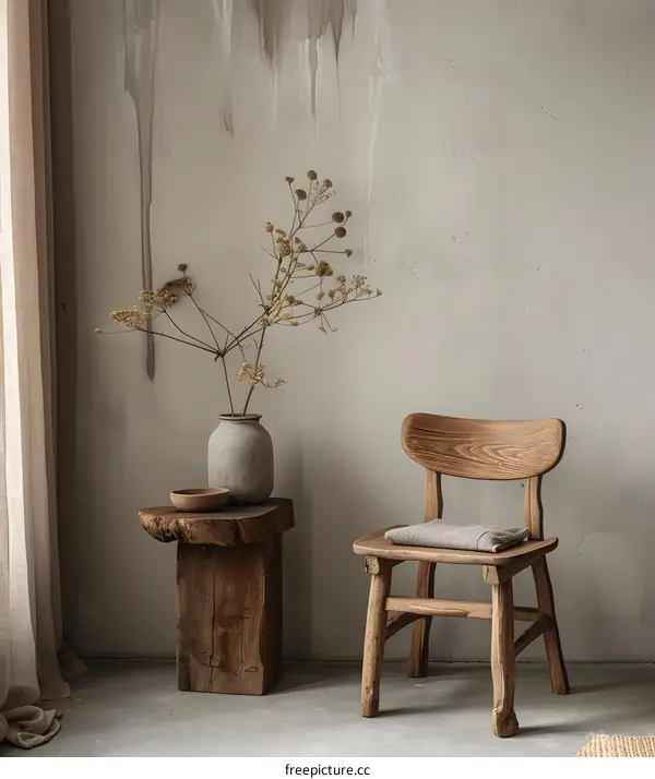 Rustic Wooden Chair and Side Table with Dried Flowers in Minimalist Interior