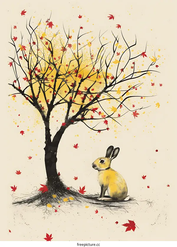 Autumn Illustration with a Rabbit Under a Tree