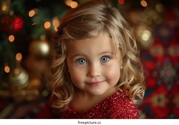 Little girl with blonde hair and blue eyes in front of a Christmas tree