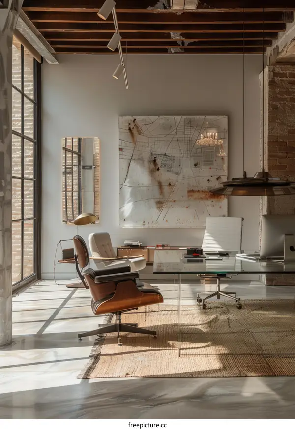 An Industrial Style Home Office With Exposed Brick Walls And Concrete Floors