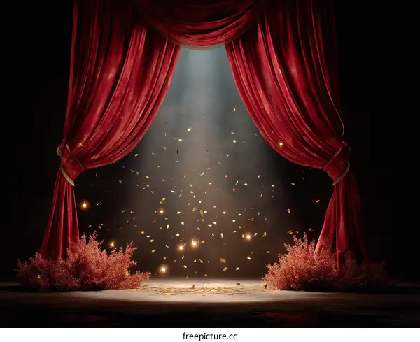 Grand Theatre Stage with Red Curtains and Golden Confetti