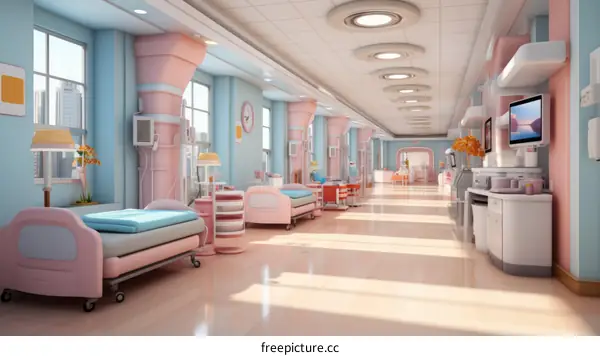 A bright and airy hospital hallway with many beds
