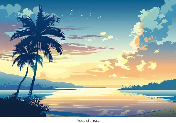 Palm Trees Silhouette with Sunset Sky and Calm Ocean