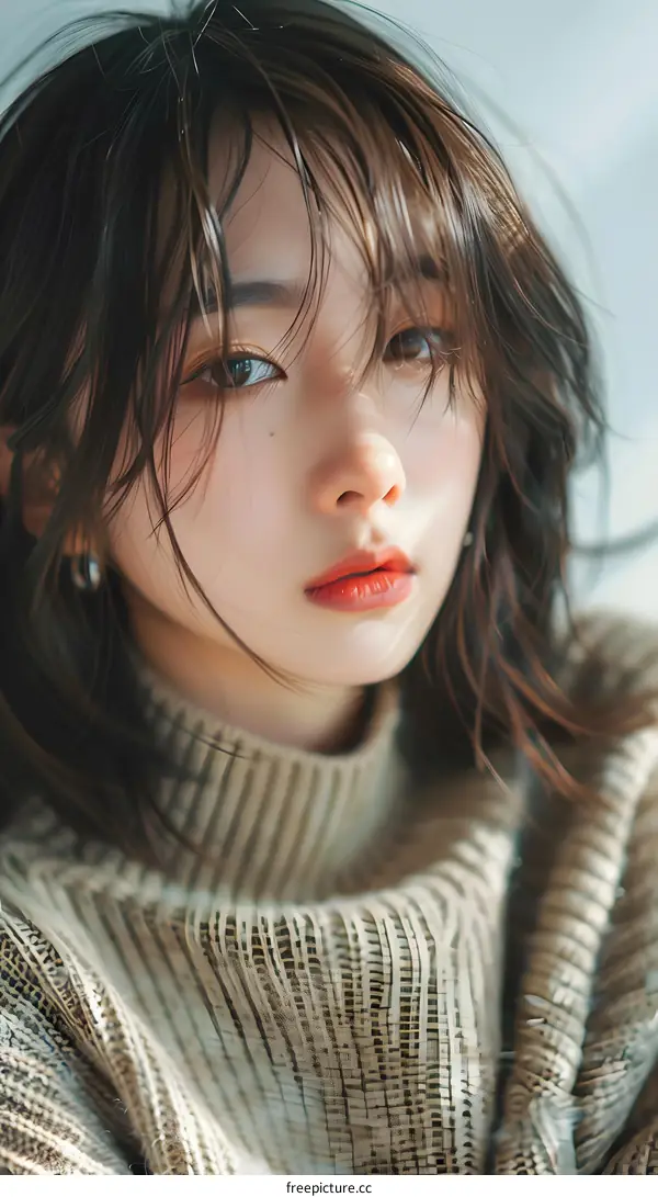 Close Up Portrait of a Young Asian Woman with Messy Hair