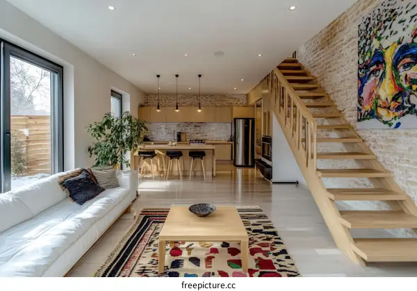 Modern Open Plan Living Room with Wooden Stairs