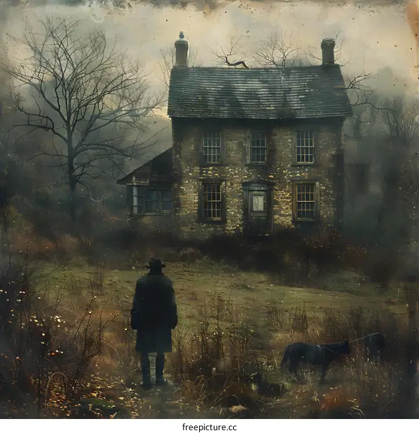 man and dog looking at an old abandoned house