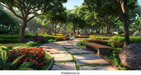 Courtyard with stone path, wooden bench and lush greenery