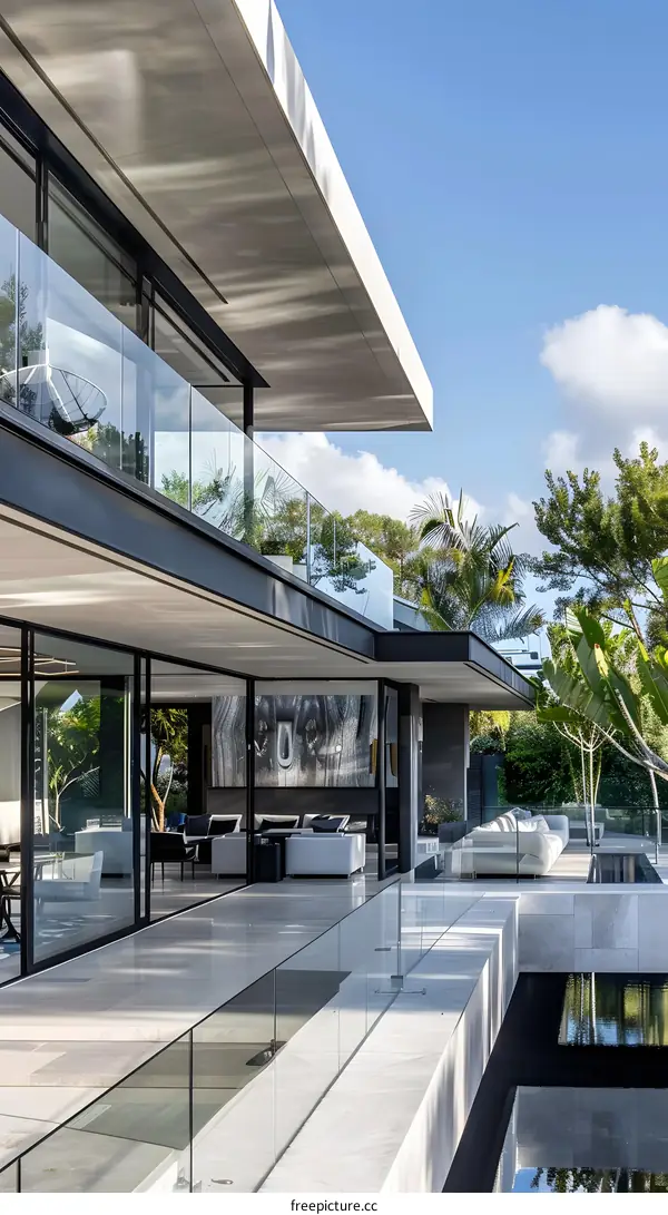 Modern Luxury Home Exterior with Glass Railing and Pool