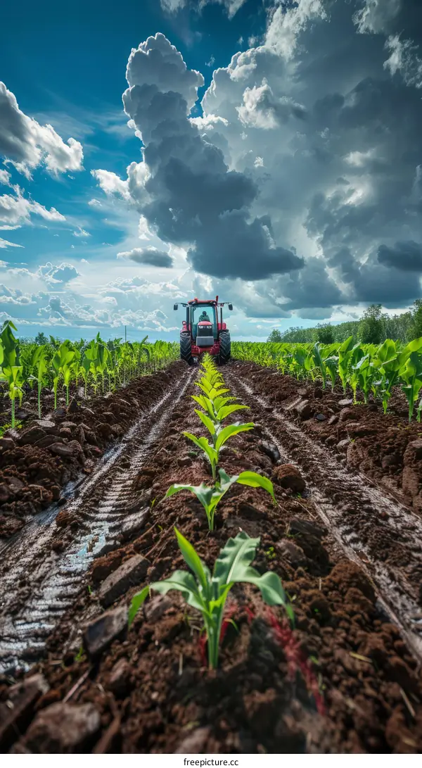 Tractor working in a corn field
