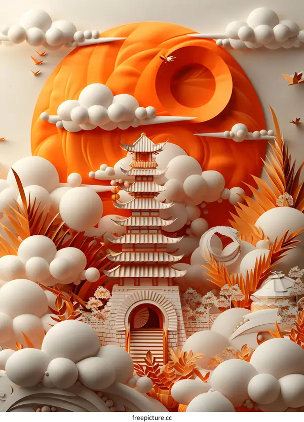 Papercraft Illustration of Chinese Pagoda in a Whimsical Landscape