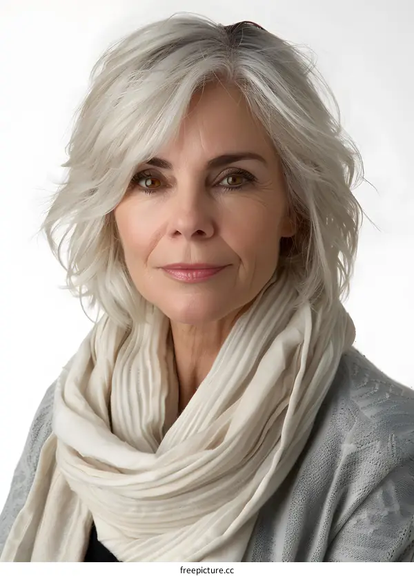 Portrait of a Senior Woman with Silver Hair Wearing a White Scarf