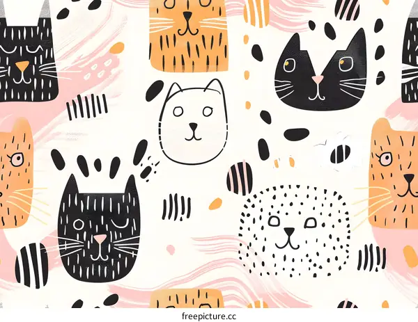 Cute Cat Faces Seamless Pattern  Cartoon Animal Illustration