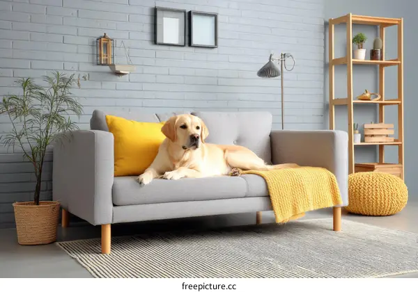 Relaxing Dog on a Cozy Gray Sofa in a Modern Living Room