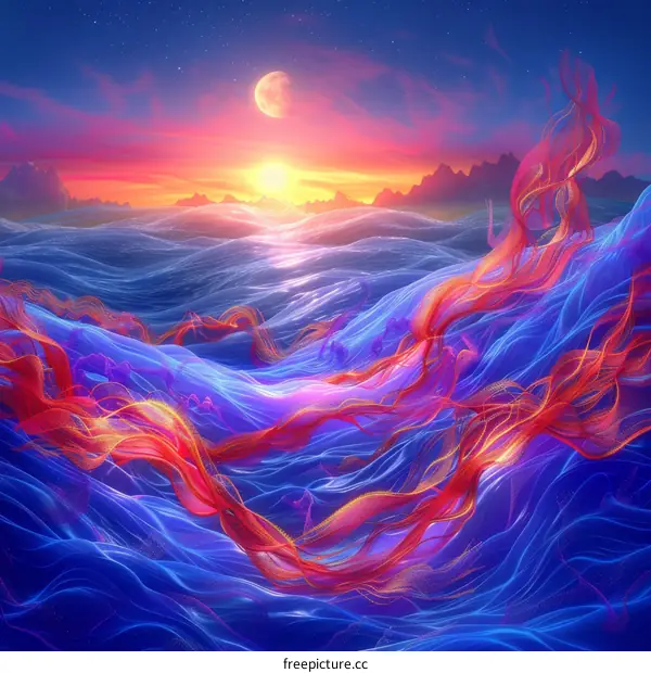Red and blue abstract waves with a sunset in the background