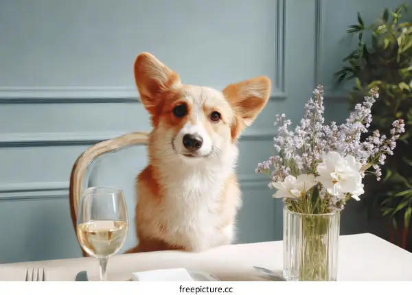 Cute Dog Enjoying a Dinner with Flowers