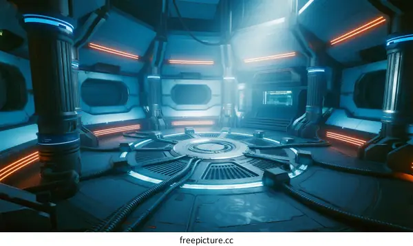 Futuristic Sci-Fi Interior with Glowing Neon Lights and Circular Platform