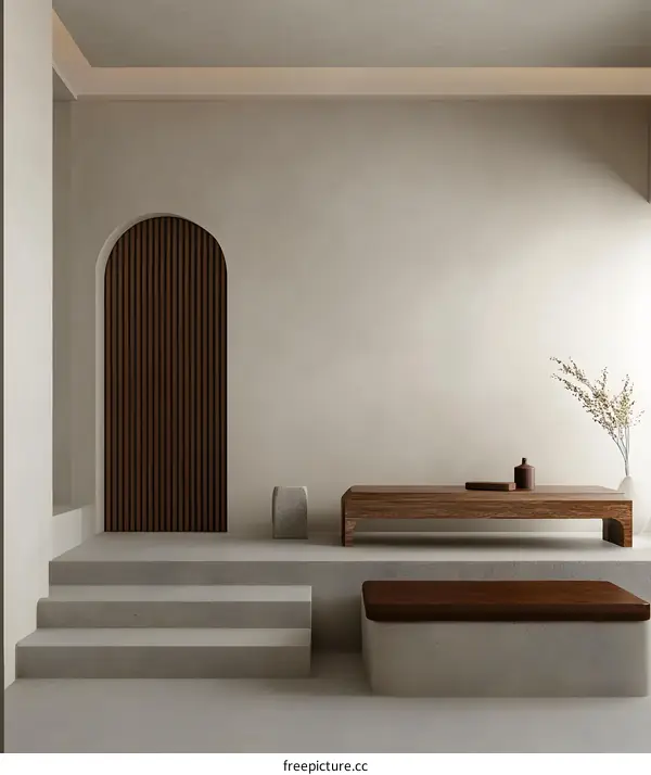 Minimalist Interior Design with Arch and Wooden Bench