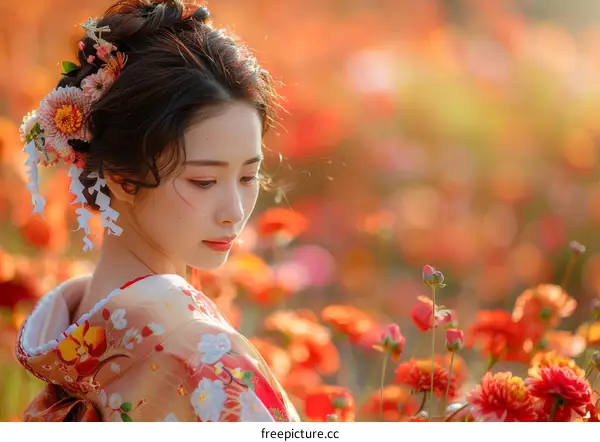 Portrait of a beautiful Japanese woman in traditional kimono