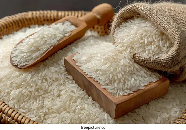 White Rice in Wooden Bowl and Bag
