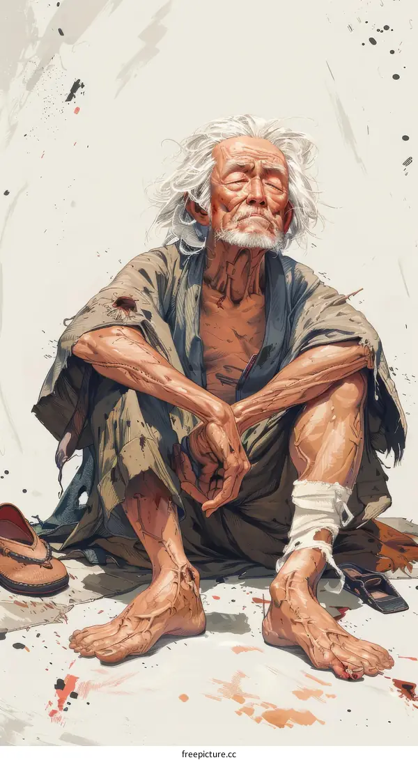 An old man with white hair and beard sits on the ground with his legs crossed.