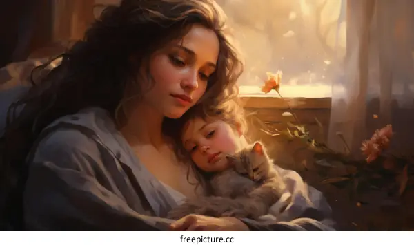 An illustration of a mother and her child with a cat