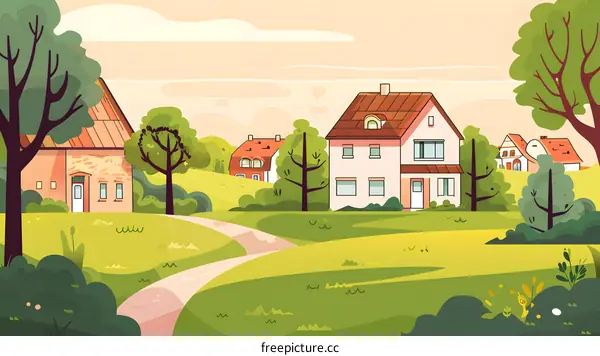 Cartoon Illustration of a Small Village with Houses and Trees