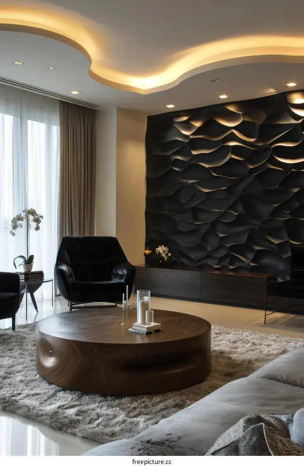 Luxury Living Room with Black 3D Wall Panel and Wooden Table