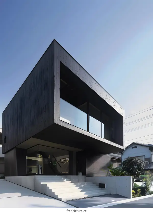 Modern Black Wooden House with Concrete Stairs
