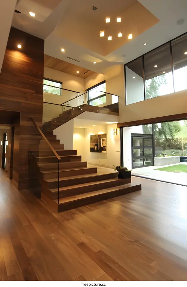 Modern Staircase Design with Glass Railings and Hardwood Flooring