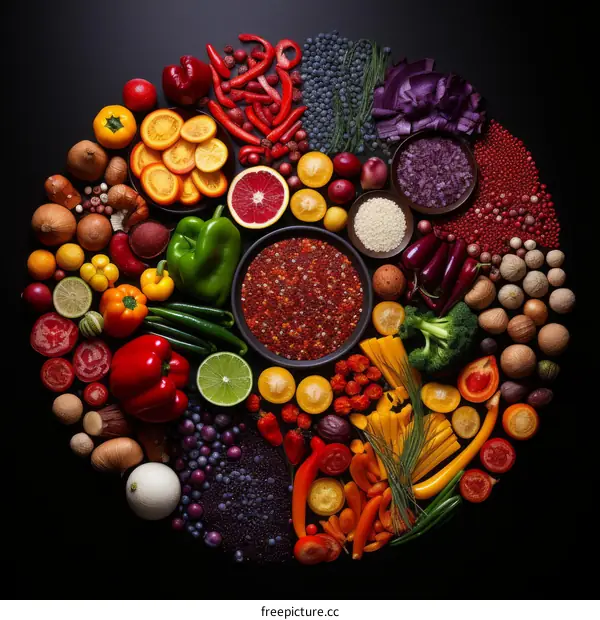 Colorful Assortment of Fruits and Veggies in a Circle on Black