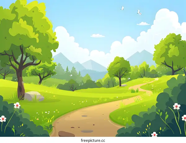 Green Meadow Landscape with Winding Path and Mountains in Background