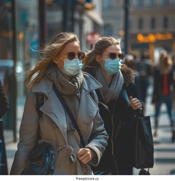 Two women wearing surgical masks walk down a crowded street