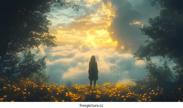 Woman Standing in a Field of Flowers Looking Up at the Sunset