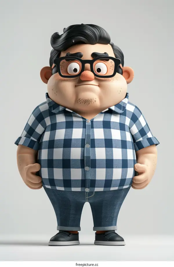 A 3D cartoon character of a man with glasses and a plaid shirt