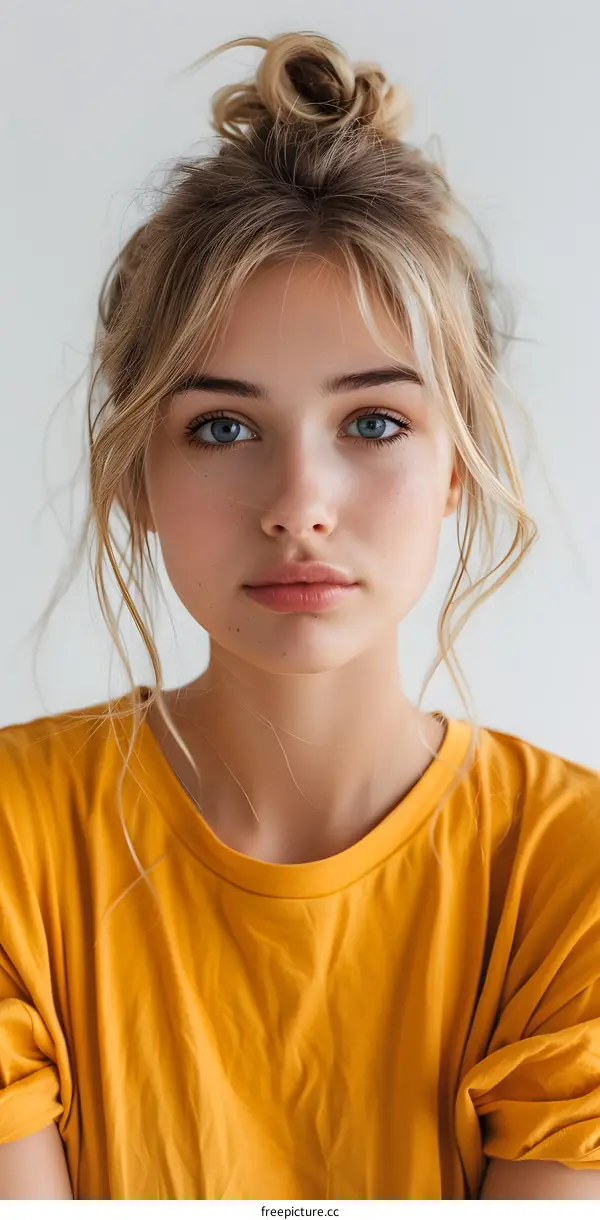 portrait of a young blonde woman in a yellow t-shirt
