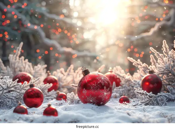 Winter Christmas Scene with Red Ornaments