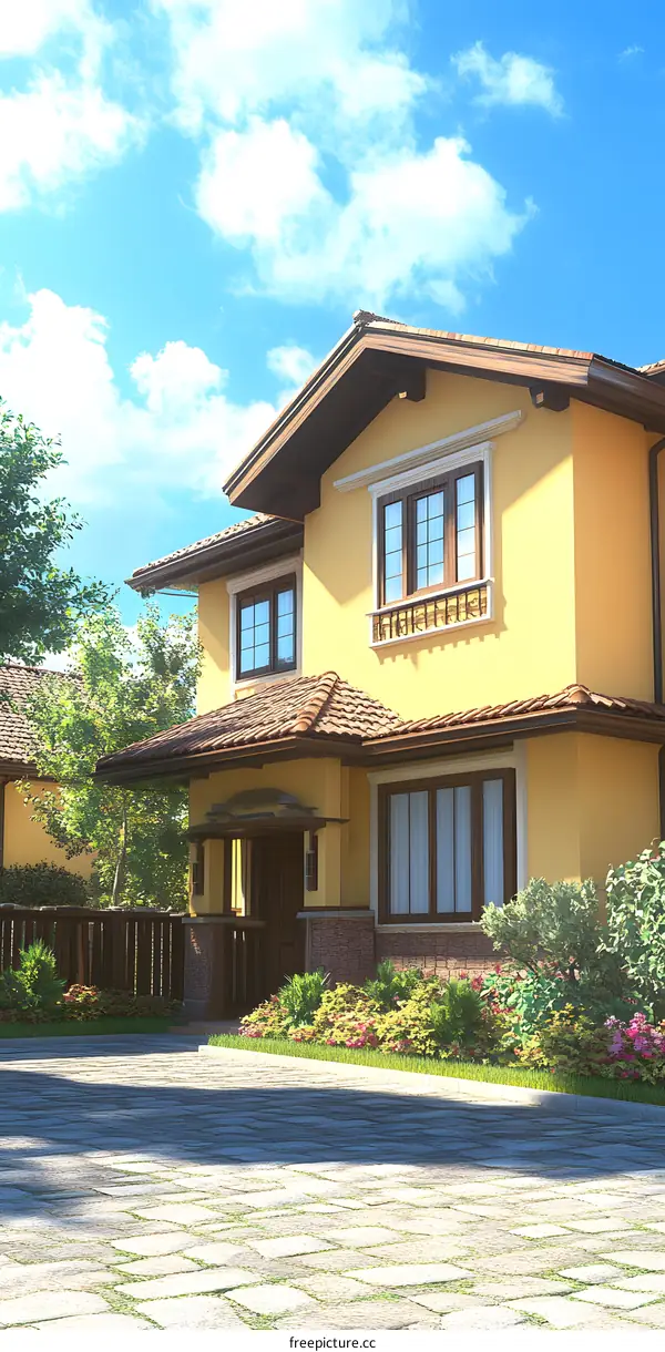 Modern Yellow House With Brown Roof And Stone Path