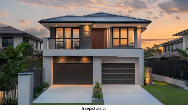 Modern Two Story House with Garage Doors and Stone Facade
