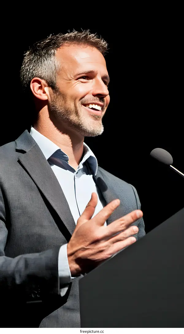 Smiling Businessman Giving a Speech with Microphone