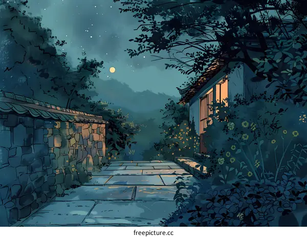 A Traditional Japanese House in the Moonlight