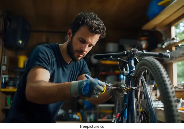 Man Fixing Bike in Garage